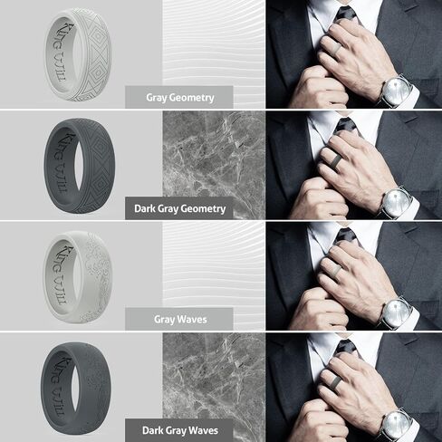 King Will Silicone Mens Ring - Breathable Wedding Bands for Men 8mm Wide Rubber Engagement Band, Geometry/Waves with Design, Comfort Fit Ring- 1/4/6 Variety Multipack Silver/Dark Blue/Grey Size 8-14 in Saudi Arabia