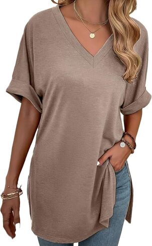 Remidoo Women's Side Slit Rolled Short Sleeve Tee V Neck Loose Fit Tunic T Shirt Top in Saudi Arabia