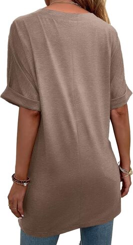 Remidoo Women's Side Slit Rolled Short Sleeve Tee V Neck Loose Fit Tunic T Shirt Top in Saudi Arabia