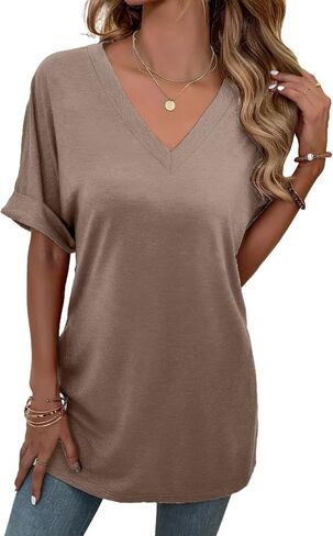Remidoo Women's Side Slit Rolled Short Sleeve Tee V Neck Loose Fit Tunic T Shirt Top in Saudi Arabia