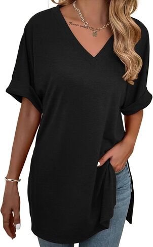 Remidoo Women's Side Slit Rolled Short Sleeve Tee V Neck Loose Fit Tunic T Shirt Top in Saudi Arabia