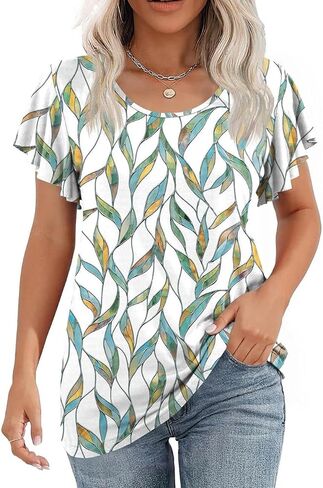 LOMON Womens Summer Tops Dressy Casual Ruffle Short Sleeve Flowy Tunic Shirts Cute Round Neck Blouses in Saudi Arabia