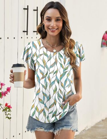 LOMON Womens Summer Tops Dressy Casual Ruffle Short Sleeve Flowy Tunic Shirts Cute Round Neck Blouses in Saudi Arabia