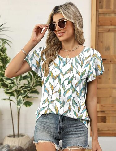 LOMON Womens Summer Tops Dressy Casual Ruffle Short Sleeve Flowy Tunic Shirts Cute Round Neck Blouses in Saudi Arabia