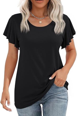 LOMON Womens Summer Tops Dressy Casual Ruffle Short Sleeve Flowy Tunic Shirts Cute Round Neck Blouses in Saudi Arabia