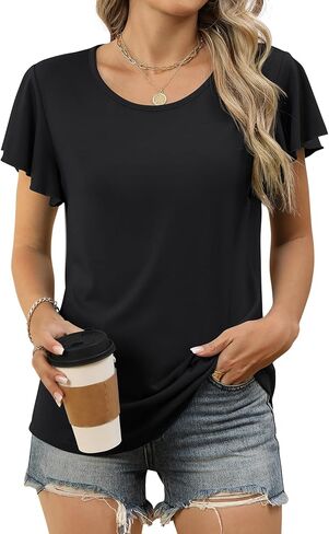 LOMON Womens Summer Tops Dressy Casual Ruffle Short Sleeve Flowy Tunic Shirts Cute Round Neck Blouses in Saudi Arabia