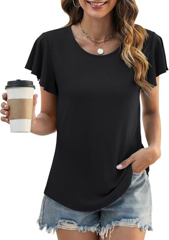 LOMON Womens Summer Tops Dressy Casual Ruffle Short Sleeve Flowy Tunic Shirts Cute Round Neck Blouses in Saudi Arabia