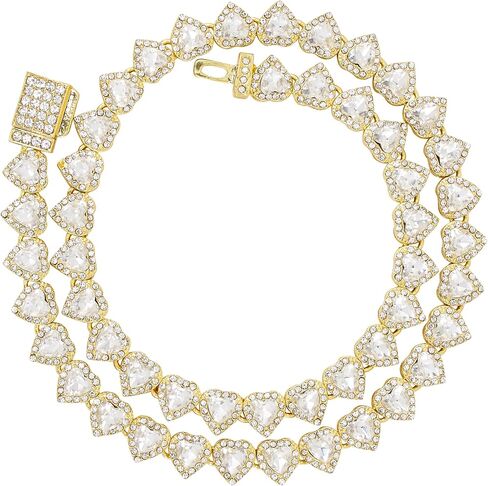 Luxurious Iced Out 10mm Ladies Heart Cluster Chains - Elegant Jewelry with Simulated Diamonds and Cubic Zirconia in Durable Alloy - in 14k Gold or Silver Tone Finish - Single Chain and Chains Combo in Saudi Arabia