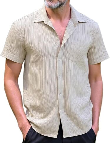 Men Casual Button Down Shirts Short Sleeve Textured Summer Beach Vacation Tops with Pocket Male Tropical Aloha Theme Tee in Saudi Arabia