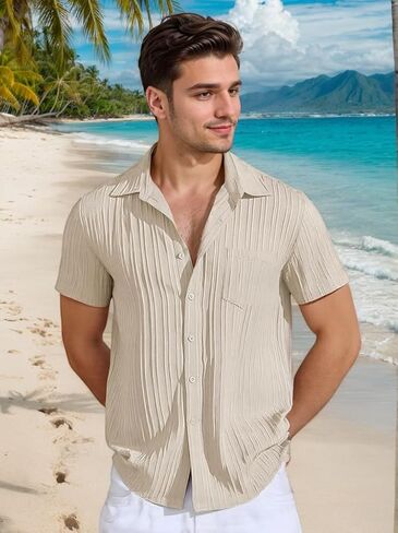 Men Casual Button Down Shirts Short Sleeve Textured Summer Beach Vacation Tops with Pocket Male Tropical Aloha Theme Tee in Saudi Arabia