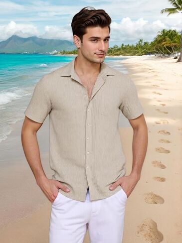 Men Casual Button Down Shirts Short Sleeve Textured Summer Beach Vacation Tops with Pocket Male Tropical Aloha Theme Tee in Saudi Arabia