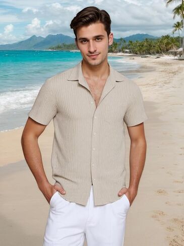 Men Casual Button Down Shirts Short Sleeve Textured Summer Beach Vacation Tops with Pocket Male Tropical Aloha Theme Tee in Saudi Arabia