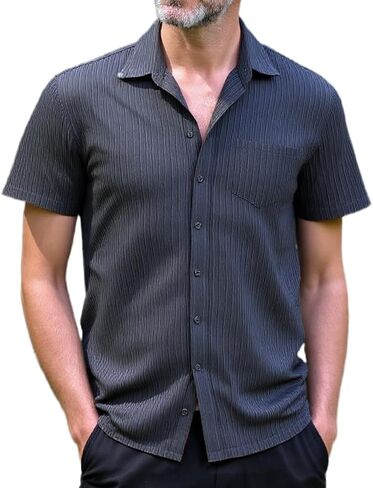 Men Casual Button Down Shirts Short Sleeve Textured Summer Beach Vacation Tops with Pocket Male Tropical Aloha Theme Tee in Saudi Arabia
