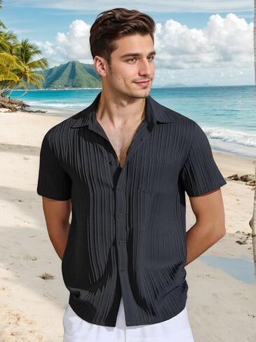 Men Casual Button Down Shirts Short Sleeve Textured Summer Beach Vacation Tops with Pocket Male Tropical Aloha Theme Tee in Saudi Arabia