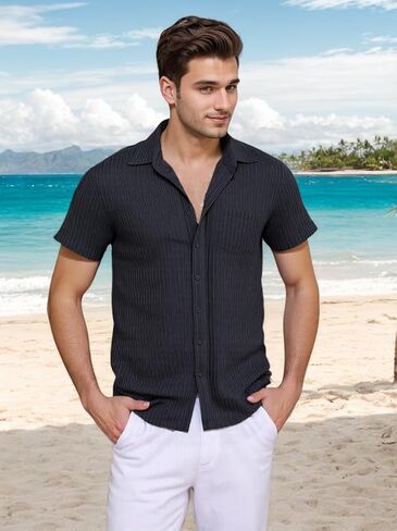 Men Casual Button Down Shirts Short Sleeve Textured Summer Beach Vacation Tops with Pocket Male Tropical Aloha Theme Tee in Saudi Arabia