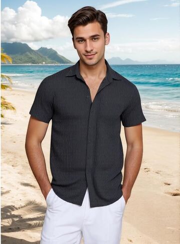 Men Casual Button Down Shirts Short Sleeve Textured Summer Beach Vacation Tops with Pocket Male Tropical Aloha Theme Tee in Saudi Arabia