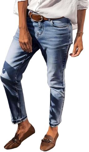 Flamingals Straight Leg Mid Waist Casual Roll Hem Denim Cropped Jeans Without Belt in Saudi Arabia