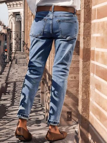 Flamingals Straight Leg Mid Waist Casual Roll Hem Denim Cropped Jeans Without Belt in Saudi Arabia