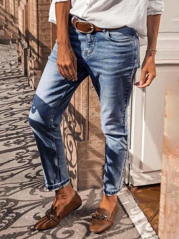 Flamingals Straight Leg Mid Waist Casual Roll Hem Denim Cropped Jeans Without Belt in Saudi Arabia