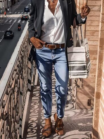 Flamingals Straight Leg Mid Waist Casual Roll Hem Denim Cropped Jeans Without Belt in Saudi Arabia