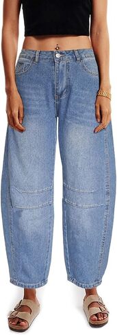 Barrel Jeans for Women Mid Rise Heart Printed Denim Ankle Pants Vintage Baggy Boyfriend Jeans in Kuwait