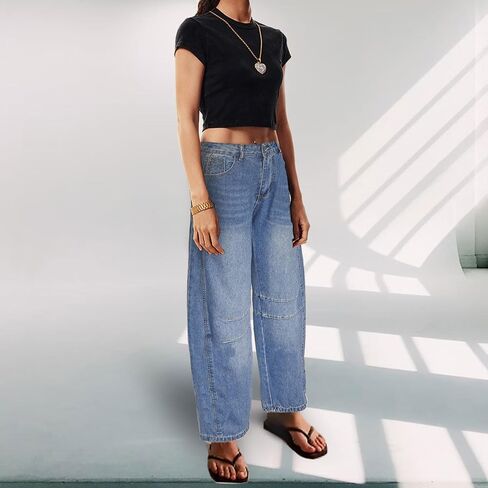 Barrel Jeans for Women Mid Rise Heart Printed Denim Ankle Pants Vintage Baggy Boyfriend Jeans in Kuwait