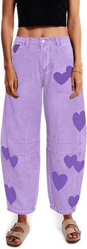 Barrel Jeans for Women Mid Rise Heart Printed Denim Ankle Pants Vintage Baggy Boyfriend Jeans in Kuwait