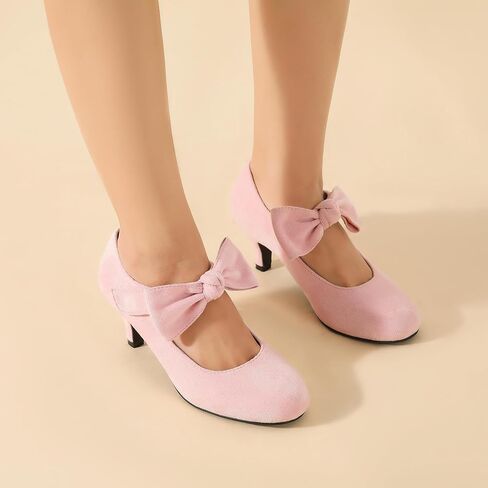 Enelauge Women's Bow Mary Jane Pumps Low Hist Histen Cheels Round Round Toe Strap Wedding Office Office Offic in Kuwait