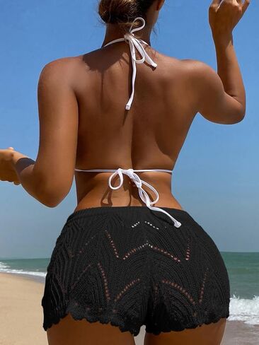 ZAFUL Women's Hollow Out Drawstring Waist Bikini Cover Up Shorts Tie Front Crochet Beachwear Bottom in Saudi Arabia