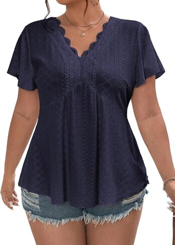 Eytino Womens Plus Size Tops Lace Crochet V Neck Short Sleeve Eyelet Blouse Loose Casual Summer Peplum Shirts(1X-5X) in Saudi Arabia