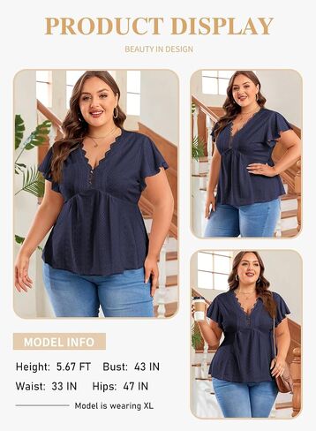 Eytino Womens Plus Size Tops Lace Crochet V Neck Short Sleeve Eyelet Blouse Loose Casual Summer Peplum Shirts(1X-5X) in Saudi Arabia
