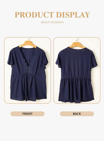 Eytino Womens Plus Size Tops Lace Crochet V Neck Short Sleeve Eyelet Blouse Loose Casual Summer Peplum Shirts(1X-5X) in Saudi Arabia