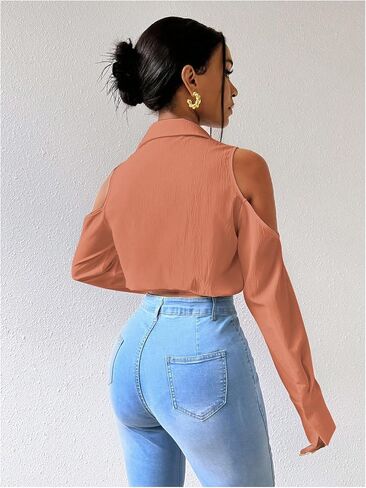 SweatyRocks Women's Cold Shoulder Long Sleeve Button Down Collared Cropped Blouses in Saudi Arabia