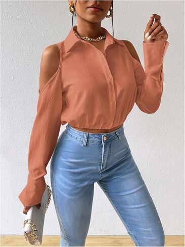 SweatyRocks Women's Cold Shoulder Long Sleeve Button Down Collared Cropped Blouses in Saudi Arabia