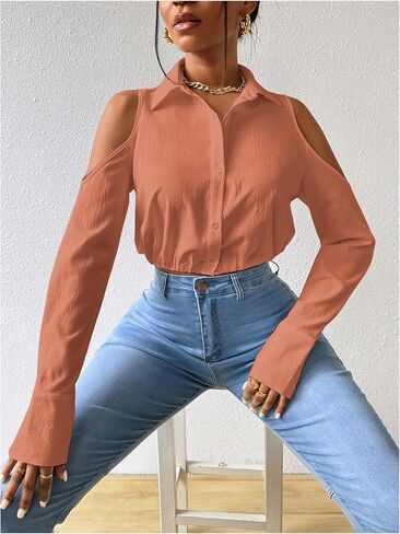 SweatyRocks Women's Cold Shoulder Long Sleeve Button Down Collared Cropped Blouses in Saudi Arabia