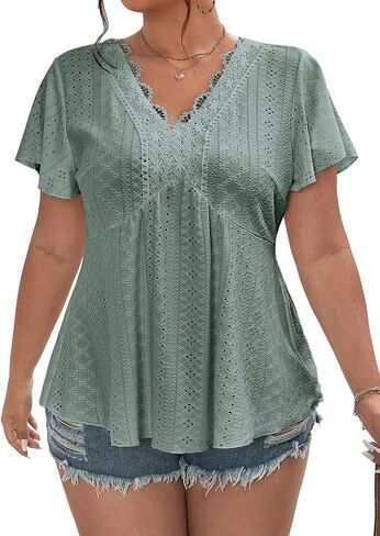 Eytino Womens Plus Size Tops Lace Crochet V Neck Short Sleeve Eyelet Blouse Loose Casual Summer Peplum Shirts(1X-5X) in Saudi Arabia