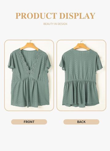 Eytino Womens Plus Size Tops Lace Crochet V Neck Short Sleeve Eyelet Blouse Loose Casual Summer Peplum Shirts(1X-5X) in Saudi Arabia