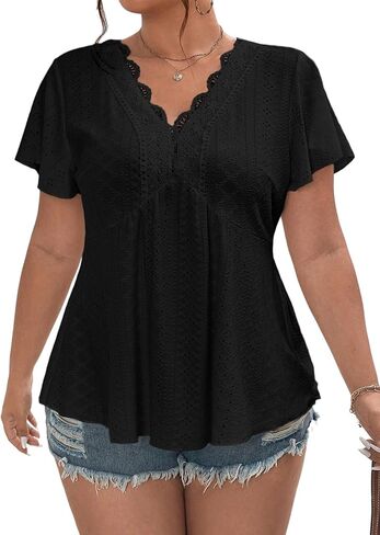 Eytino Womens Plus Size Tops Lace Crochet V Neck Short Sleeve Eyelet Blouse Loose Casual Summer Peplum Shirts(1X-5X) in Saudi Arabia