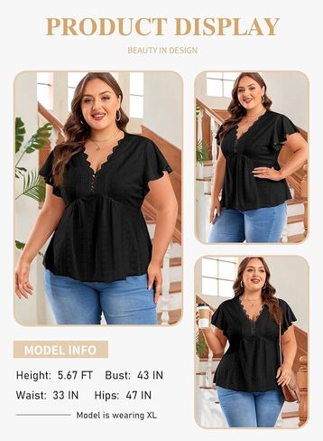 Eytino Womens Plus Size Tops Lace Crochet V Neck Short Sleeve Eyelet Blouse Loose Casual Summer Peplum Shirts(1X-5X) in Saudi Arabia