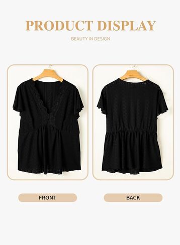 Eytino Womens Plus Size Tops Lace Crochet V Neck Short Sleeve Eyelet Blouse Loose Casual Summer Peplum Shirts(1X-5X) in Saudi Arabia