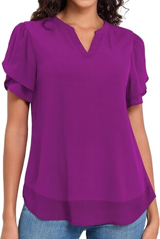 LOUSGUTA Chiffon Blouses for Women Short Sleeve Business Casual Work Chiffon Tops Ruffle Puff Petal Sleeve Shirts V Neck in Saudi Arabia