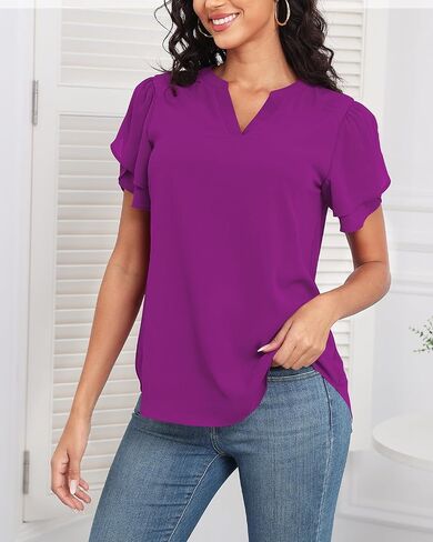LOUSGUTA Chiffon Blouses for Women Short Sleeve Business Casual Work Chiffon Tops Ruffle Puff Petal Sleeve Shirts V Neck in Saudi Arabia