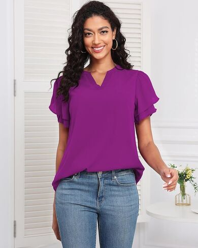 LOUSGUTA Chiffon Blouses for Women Short Sleeve Business Casual Work Chiffon Tops Ruffle Puff Petal Sleeve Shirts V Neck in Saudi Arabia