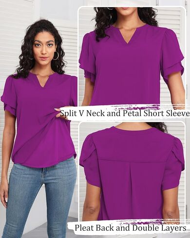 LOUSGUTA Chiffon Blouses for Women Short Sleeve Business Casual Work Chiffon Tops Ruffle Puff Petal Sleeve Shirts V Neck in Saudi Arabia