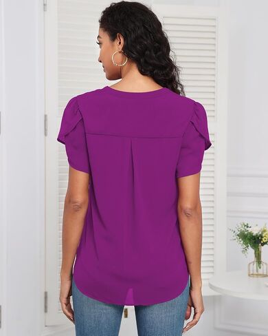 LOUSGUTA Chiffon Blouses for Women Short Sleeve Business Casual Work Chiffon Tops Ruffle Puff Petal Sleeve Shirts V Neck in Saudi Arabia
