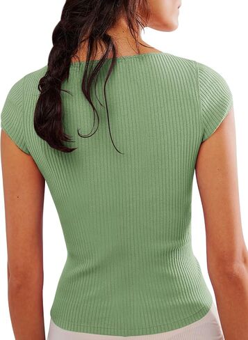 Yousify Women's Short Sleeve Summer Tops 2025 Trendy Ribbed Knit Button Down Tight Basic Tees Shirts Going Out Y2K Clothes in Kuwait