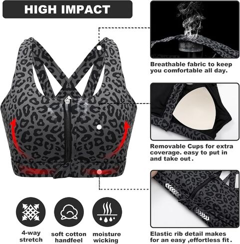Front Zipper Sports Bras for Women High Impact Workout Bra Tops Padded Criss-Cross Back Yoga Training Running Bras in Saudi Arabia