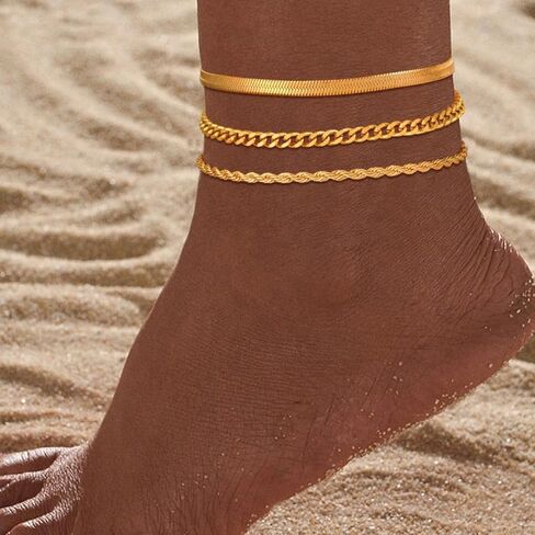 Gold Anklets for Women Waterproof 14k Gold Plated Cuban Link Anklets Non Tarnish Rope Herringbone Ankle Chain Summer Beach Jewelry Gifts for Women in Kuwait