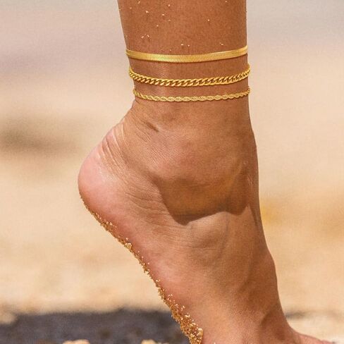 Gold Anklets for Women Waterproof 14k Gold Plated Cuban Link Anklets Non Tarnish Rope Herringbone Ankle Chain Summer Beach Jewelry Gifts for Women in Kuwait