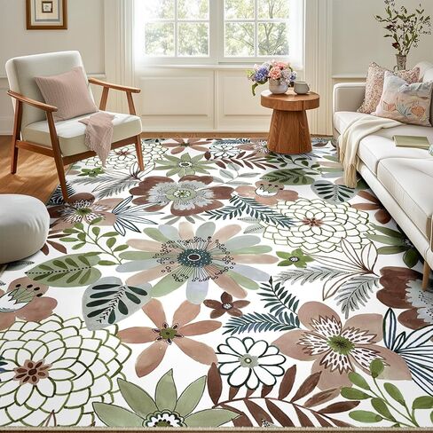 Boho Floral Area Rug 8x10 ، سجاد غرفة معيشة غير قابلة للغسل ، سجادة مقاومة للمياه منخفضة البليون لغرفة النوم ، المطبخ ، والمدخل ، 8x10 ، وردي in Kuwait